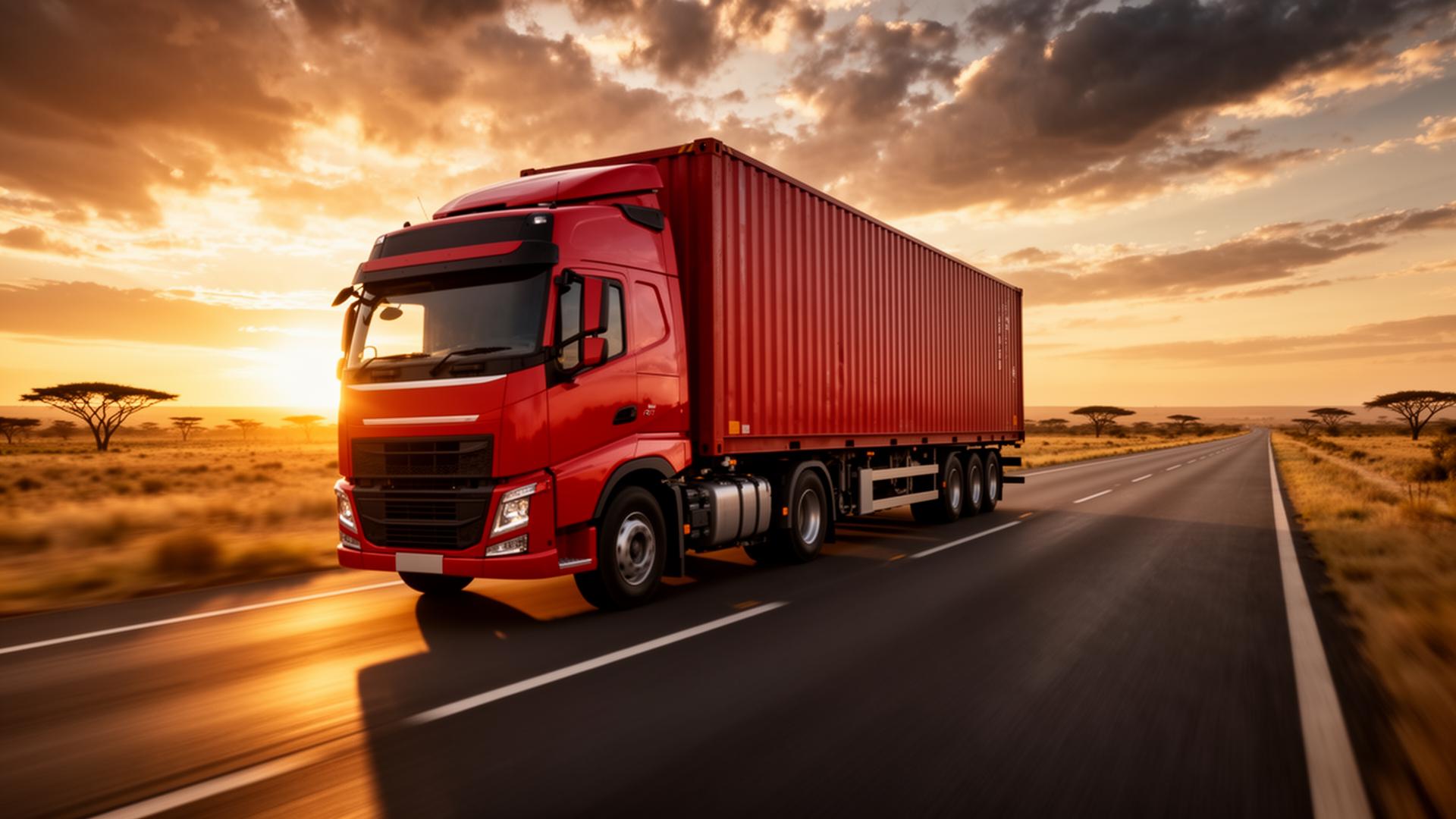 Freight truck moving across the African landscape at sunset